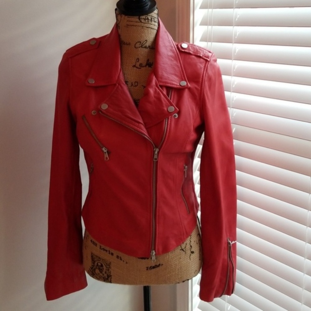 Red Leather Zara Jacket (Large) REAL leather!